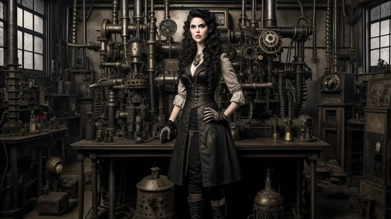 full-length portrait of a pale-faced woman with dark wavy shoulder-length hair, with detailed steampunk metal arms and legs, dressed like a Victorian, in a laboratory full of small machines