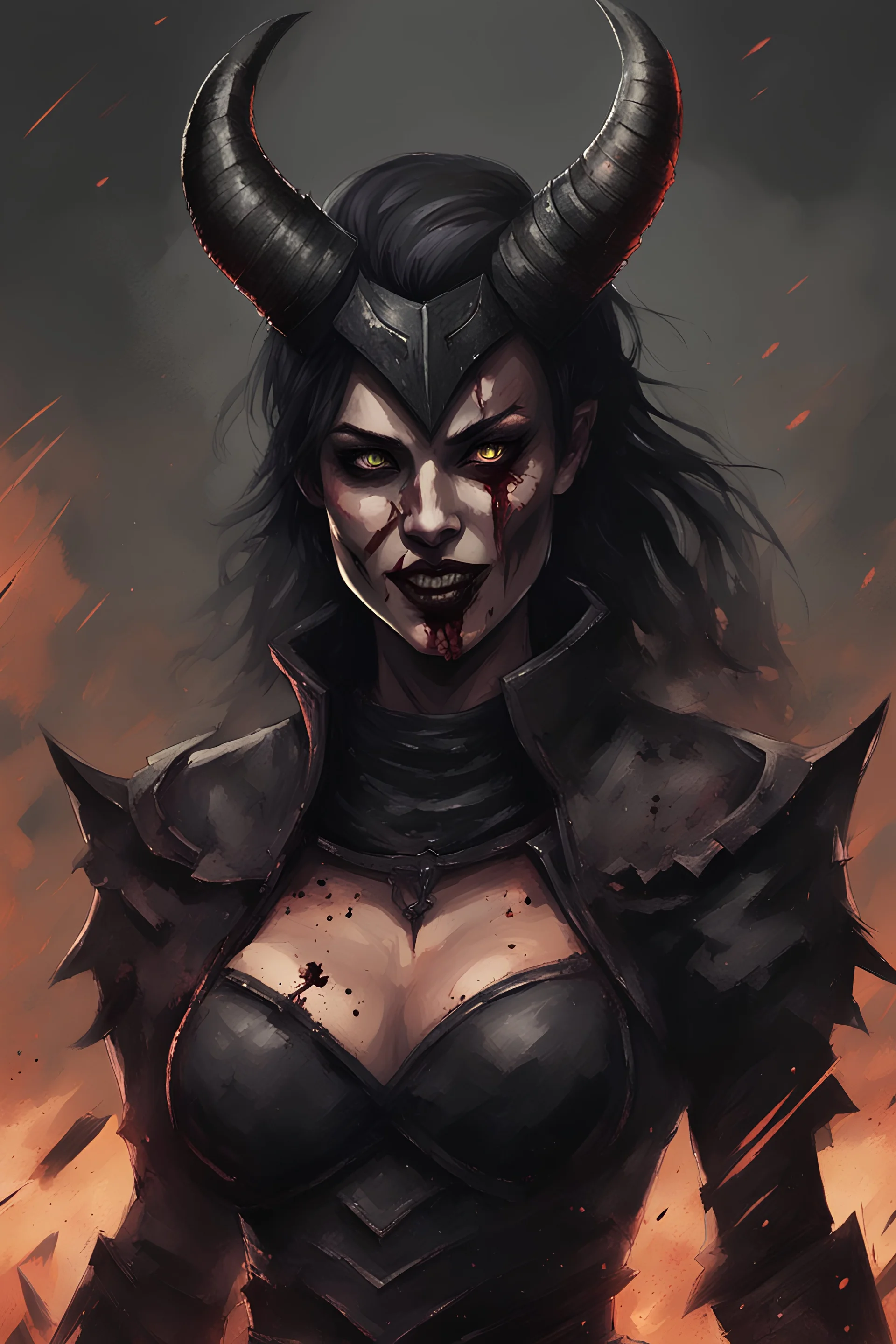 A evil female dark knight with Black sclera, demonic horns, black lips standing on a battlefield covered with blood and with a demonic smile