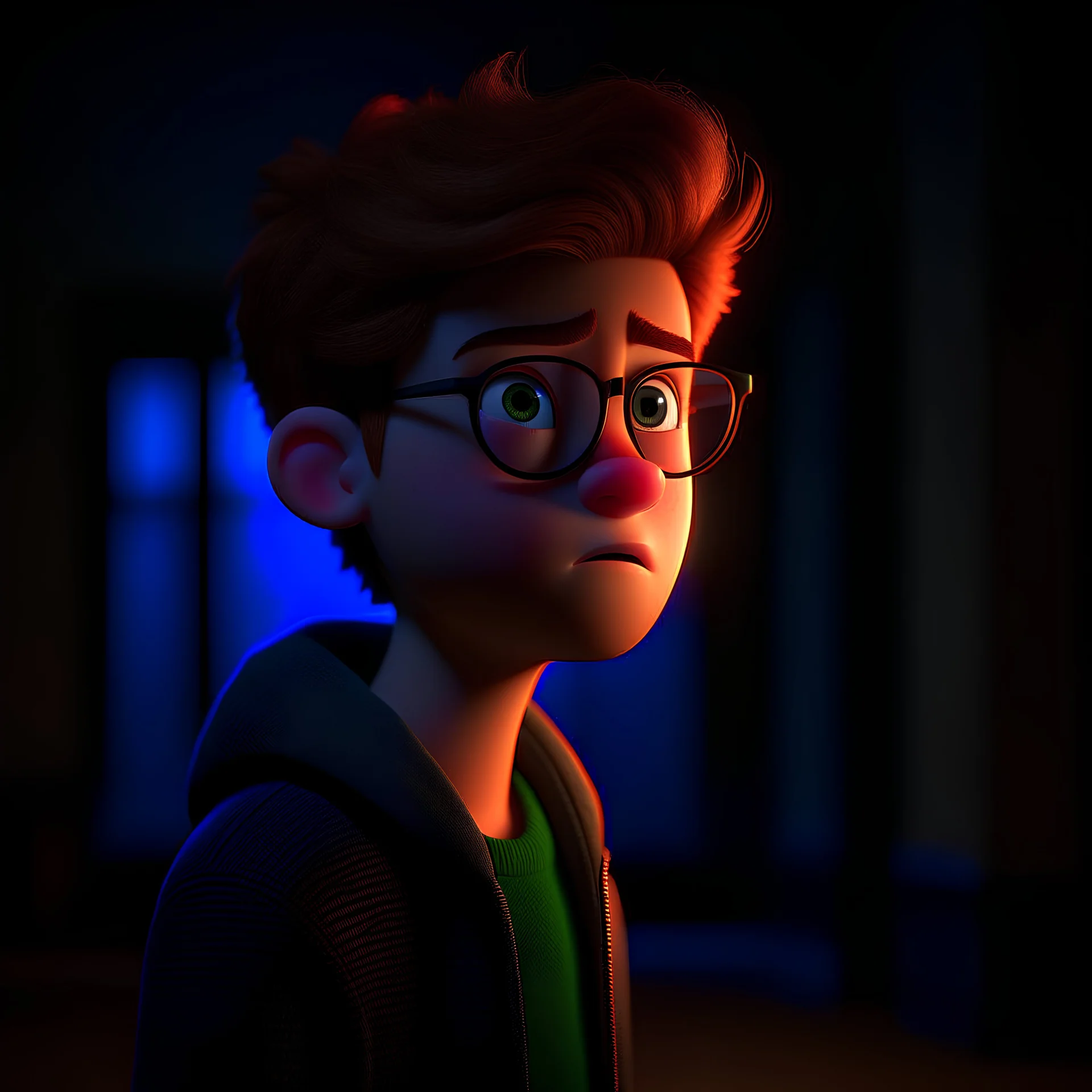 Pixar style character, moody, cinematic lighting