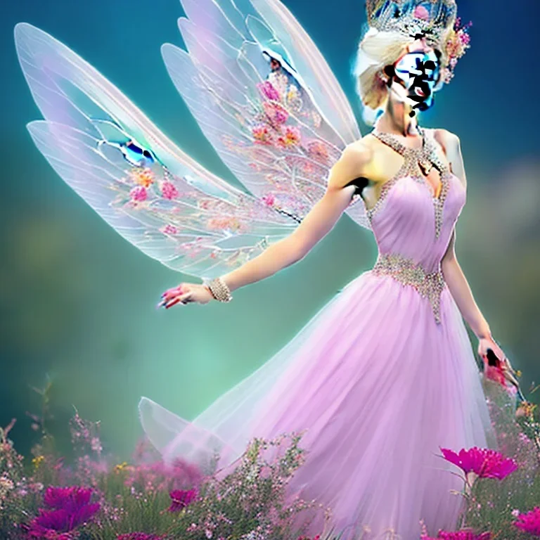 fantasy fairy with transparent wings, smiling, make up, long platinum blond hair with crown and flowers, pink dress