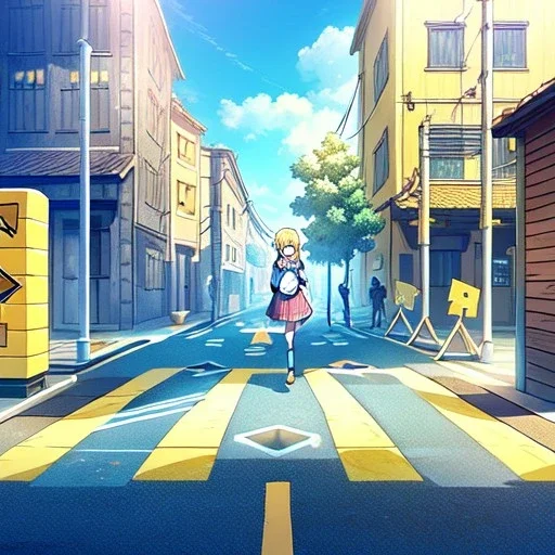 yellow brick road, road signs, arrows, direction, anime girl walking