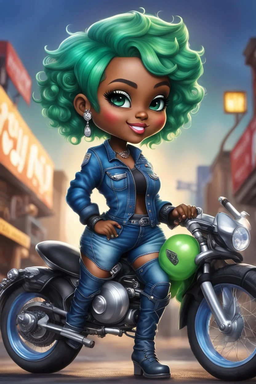 create an airbrush illustration of a chibi cartoon voluptuous black female wearing a blue jean outfit with biker boots. Prominent make up with hazel eyes. Extremely highly detail of a very low green pixie haircut. Background of a bike show.