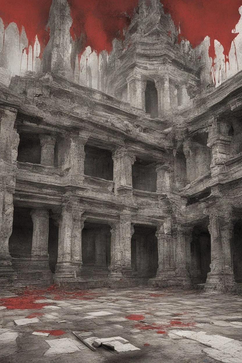 Broken temple with the floor covered in blood