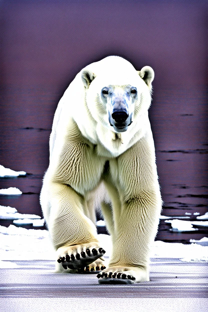 A polar bear with human feet