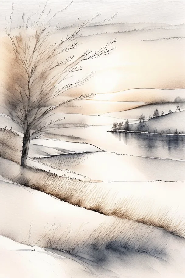 Rolling hills, lake, winter, snow, sunrise Modifiers: smooth intricate high definition beautiful lighting pencil sketch watercolor polished warm light watercolor and ink LNF