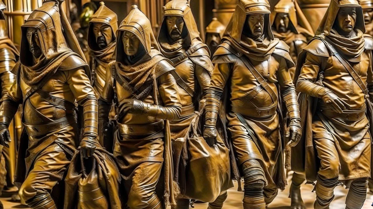 A group of Pharaoh soldiers emerge from inside leather bags