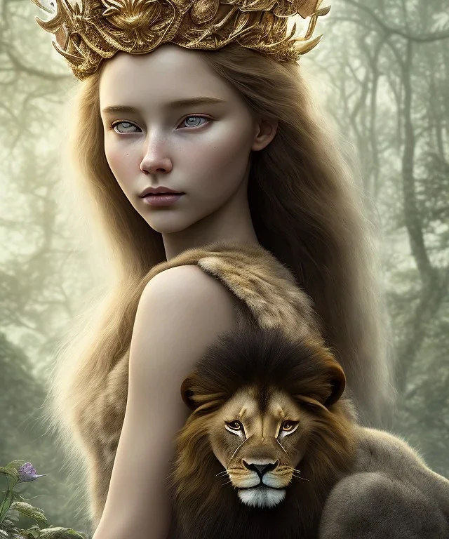 Young beautiful girl wearing floral crown next to a majestic, stunning lion on nature forest path, Chronicles of Narnia, 8k resolution, high-quality, fine-detail, iridescent, intricate, digital art, detailed matte, volumetric lighting, beautiful, illustration, 3D octane render, brian froud, howard lyon, selina french, anna dittmann, annie stokes, lisa parker, greg rutowski,