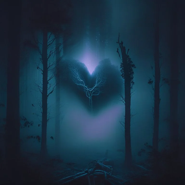 black fog in the forest at night with an electric heart