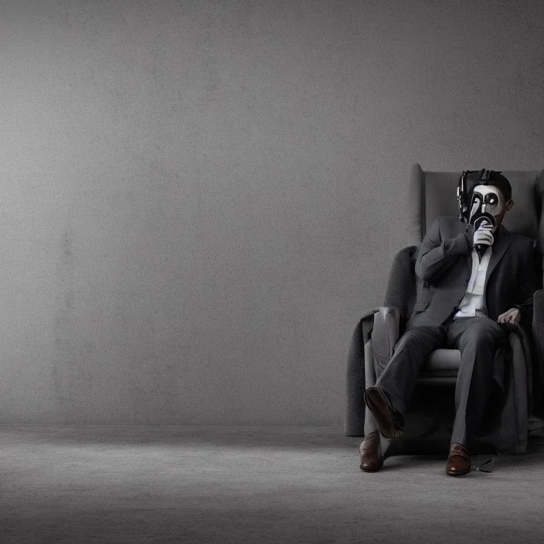 homme en costume gris assis sur une chaise dans un bunker, jambes croisées, masque à gaz, 4k, réaliste