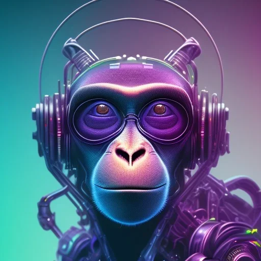 A beautiful portrait of a cyborg monkey purple neon color scheme, high key lighting, volumetric light high details psychedelic background