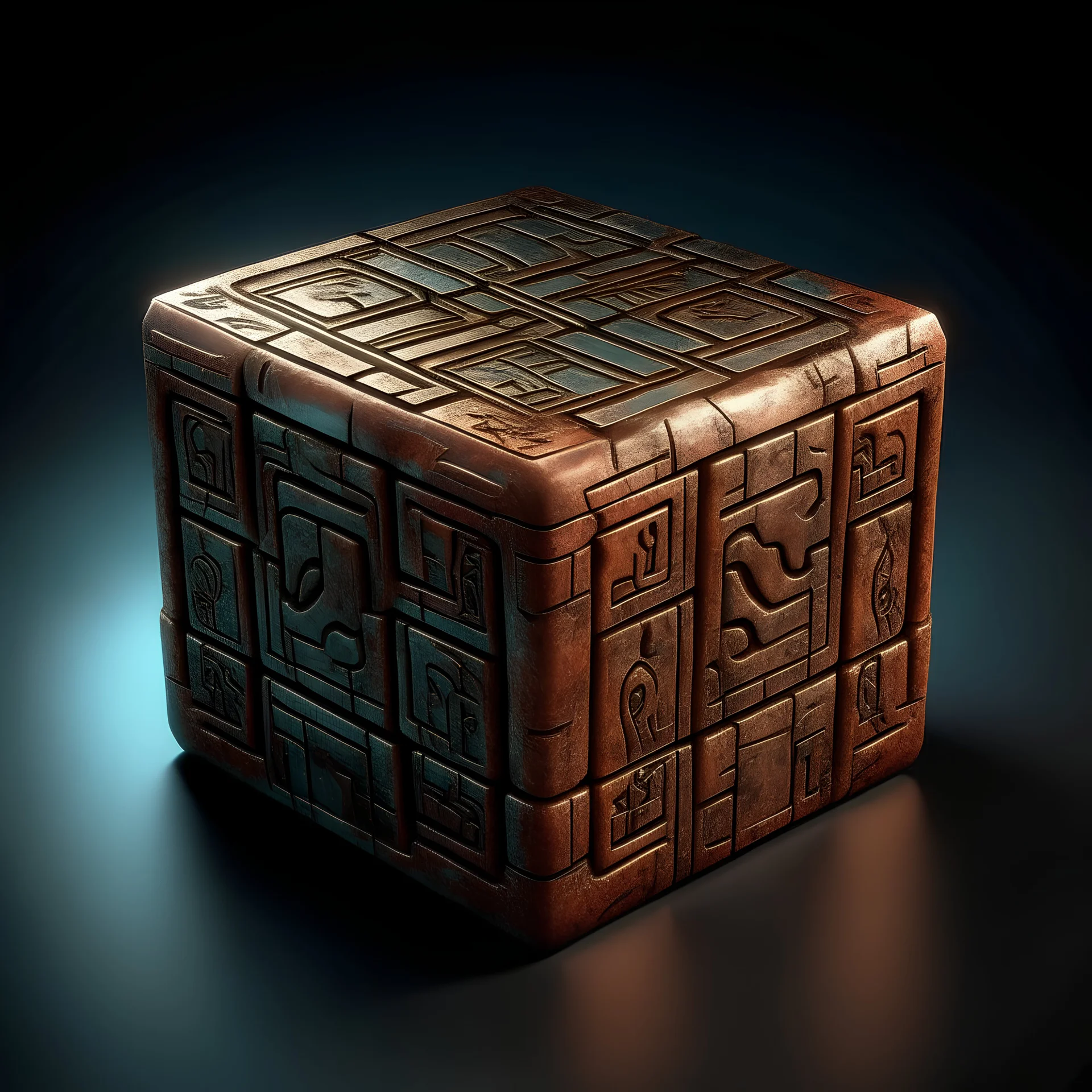 Create an image of old copper cube with strange runes