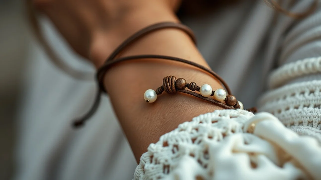 macro photo of a bracelet made of brown leather and tiny pearls in ethno style around a woman's wrist, detailed, sharp contrasts, realistic, cinematic, blur background