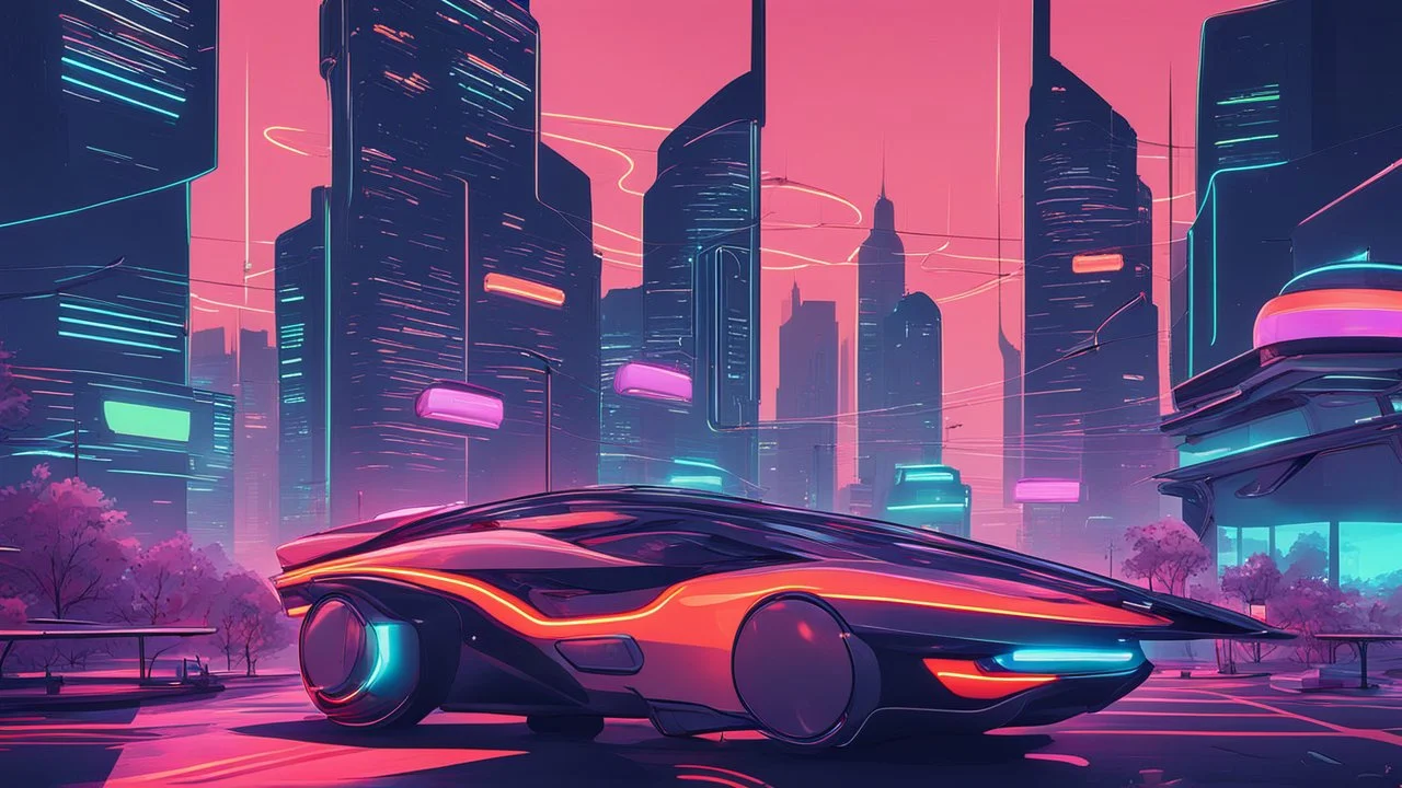 A futuristic cityscape at night with neon lights and flying cars.