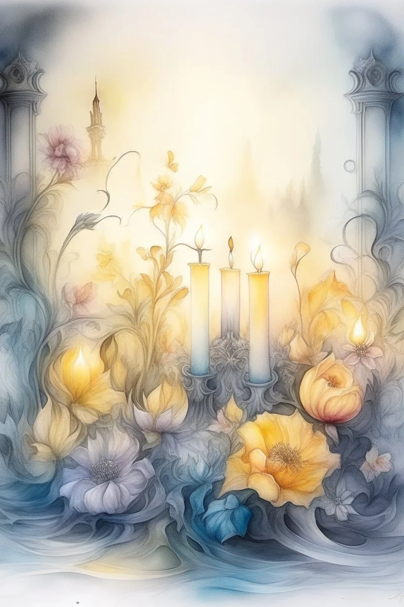 magic Watercolor, color, flowers, candles, purification from ghosts, subtle black ink drawing, several landscapes, collage, fog, many details,delicate sensuality, realistic, high quality,3d, work of art, hyperdetalization, professionally, filigree, hazy haze, hyperrealism, professionally, transparent, delicate pastel tones, backlight from behind, contrast, fantastic, fabulous, unreal, translucent, glowing,clear lines, horror,epic, hyperrealism.