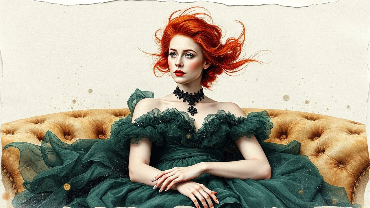 mixed media, multiple exposure, old worn torn plain canvas, grunge, layered, embossed, fine art luminous soft watercolor, glitter, mid-ground, luminosity, highlights, gold fragments, light effects, dark grey-green fragments, dot technique, portrait of Victorian Gothic woman on SOFA, Red hair, light Red lips, fluffiness, wind, airy dark GREEN flowing dress, Fur, swirls, layered, blending, textured, 3D, 8K, best quality, fine rendering, high detail, hyperrealism, high resolution, high definition,