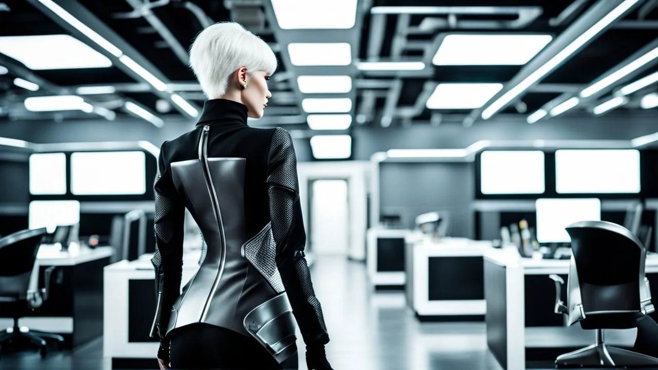 picture from behind the human android female with short white hair, white albino skin , she wearing black-silver-white colors futuristic fashion cloths, full body, she walking in high-tech futuristic office, sci-fi mood, ultra detailed, high contrast, Professional photography