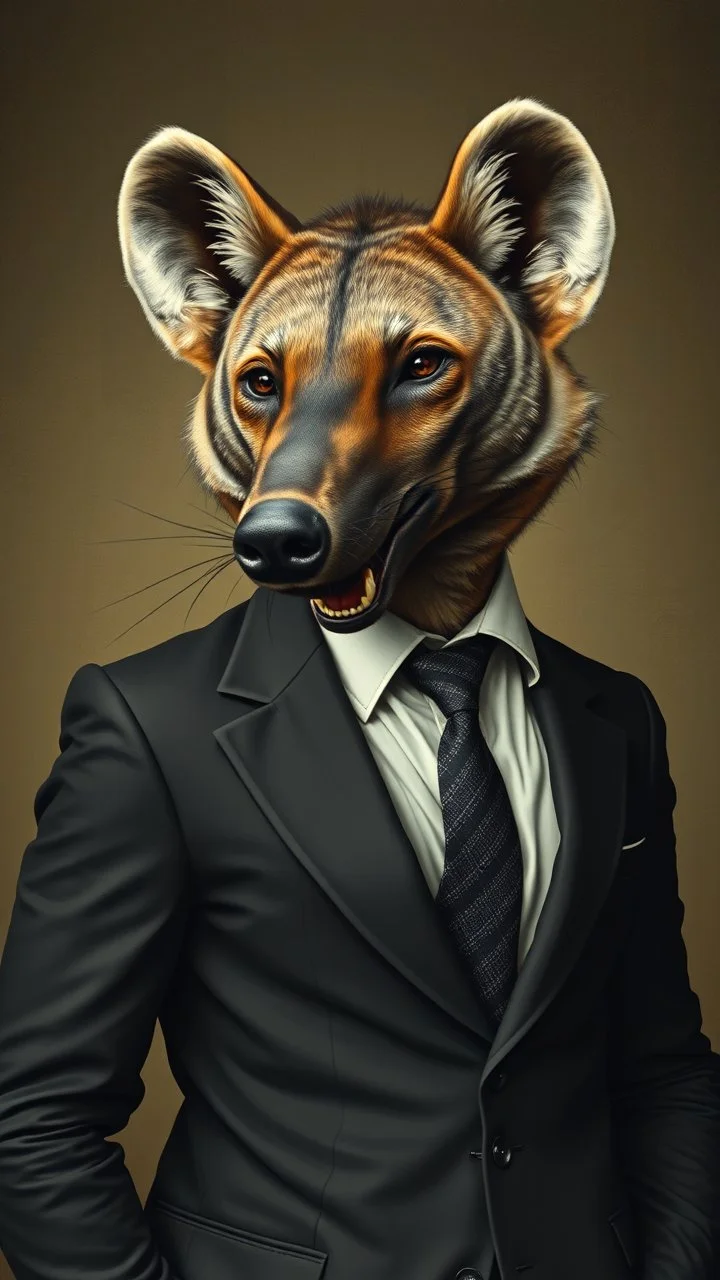 Hieronymus Bosch style , a hyena head in a body of a man wearing a business suit