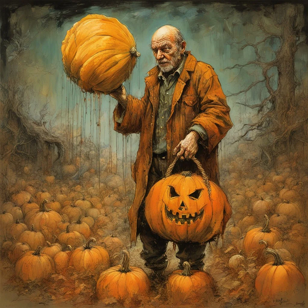 the Great Pumpkin legendary personality who rises from the pumpkin patch on Halloween carrying a large bag of toys to deliver to believing children, by Dave McKean, by Carne Griffiths, by Charles Shultz, acrylics, cartoonish art, hyperrealistic.