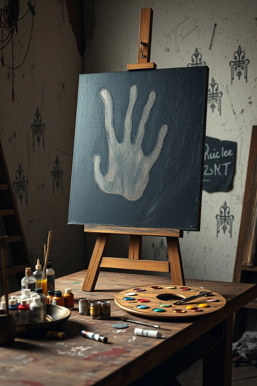 An artist studio with painting stand on it a dark picture and on the table colors tubes. And palate "A very old paints cracked dirty abandoned stage , insanely detailed octane render trending on artstation, 8k artistic photography, photorealistic concept art, soft natural volumetric cinematic perfect light, chiaroscuro, award-winning photograph, masterpiece, oil on canvas, Raphael, Caravaggio, Greg Rutkowski, people, beksinski, Giger