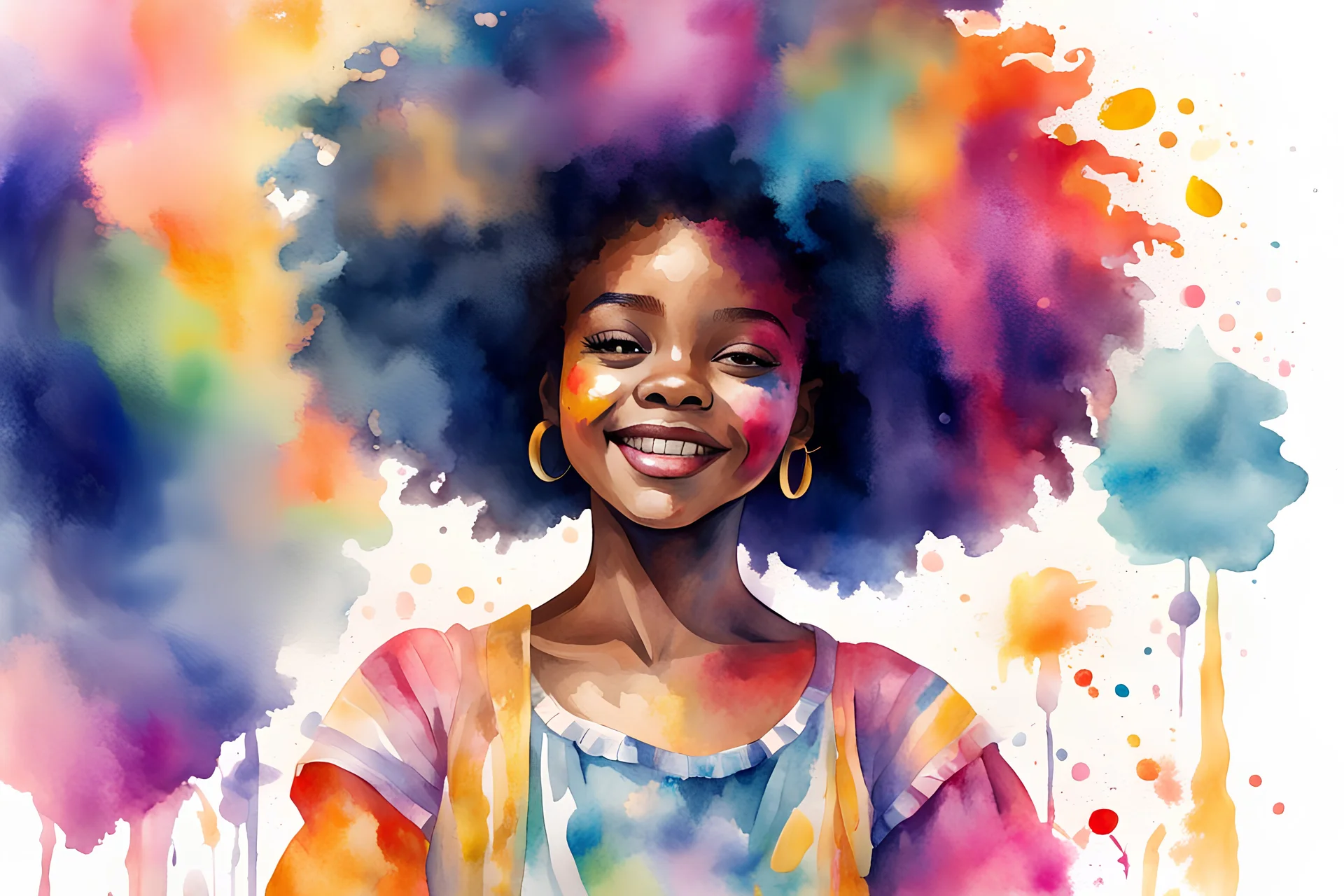 uma jovem afro curtindo o carnaval com estilo de aquarela com cores fortes