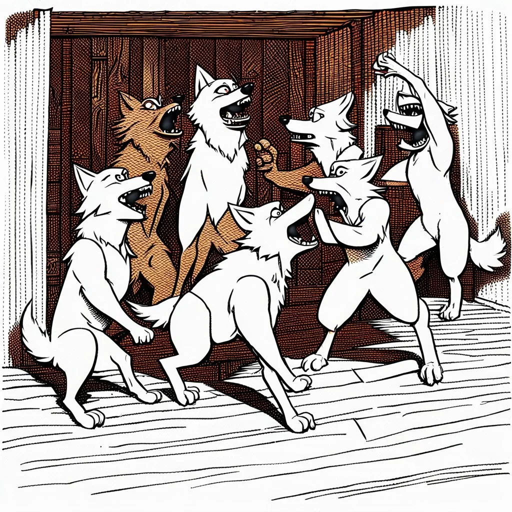 A group of anthropomorphic wolves react in surprise as one large hammer flies in the air against the wall of the wooden building. in the background other anthropomorphic wolves watch the scene unfold with expressions of shock and with surprise faces. one young anthropomorphic wolf in bodyhair stands in the foreground held up empty two paws, high realistic, detailed,dark fantasy mood, rain, cinematic