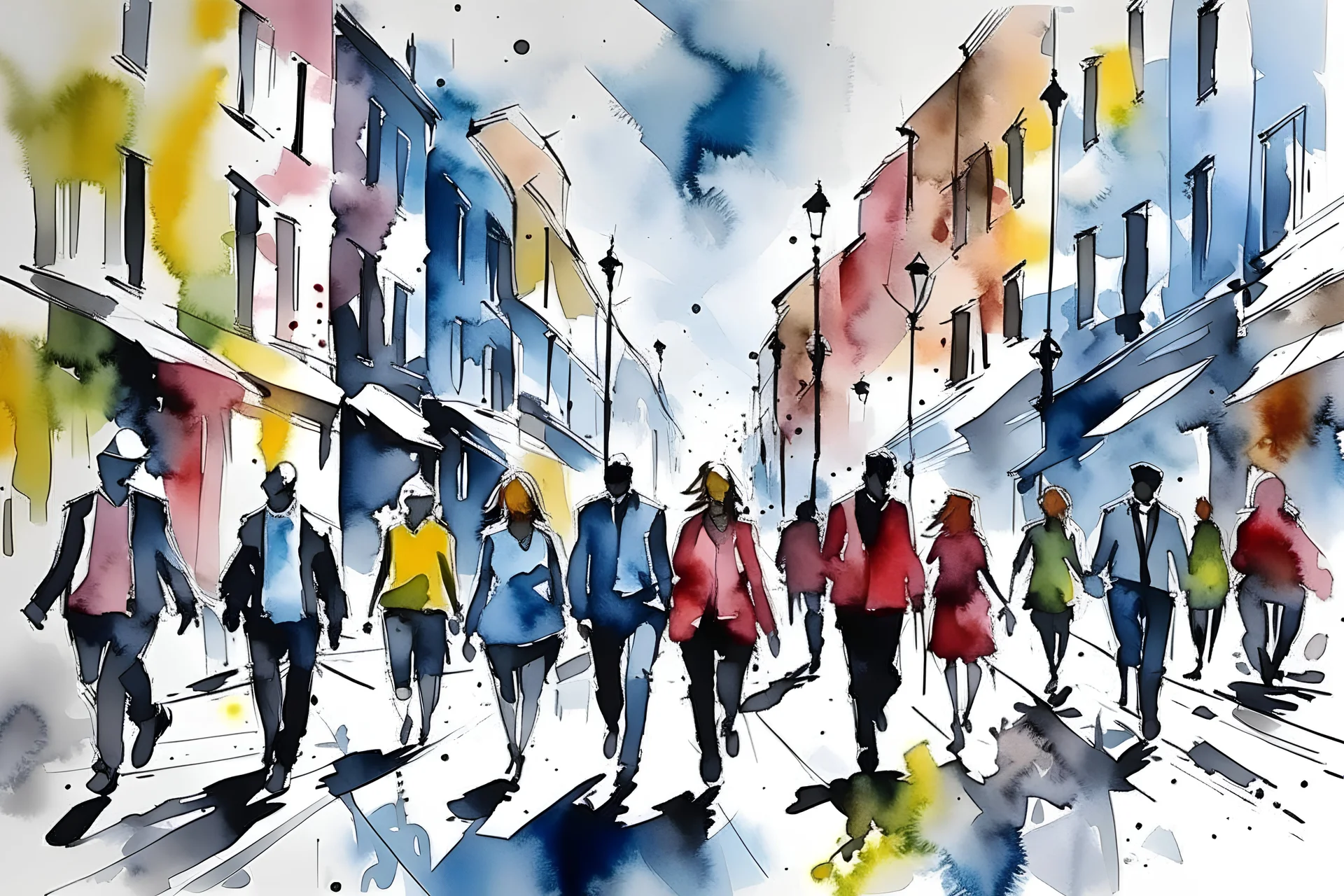 people walking in street abstract watercolour