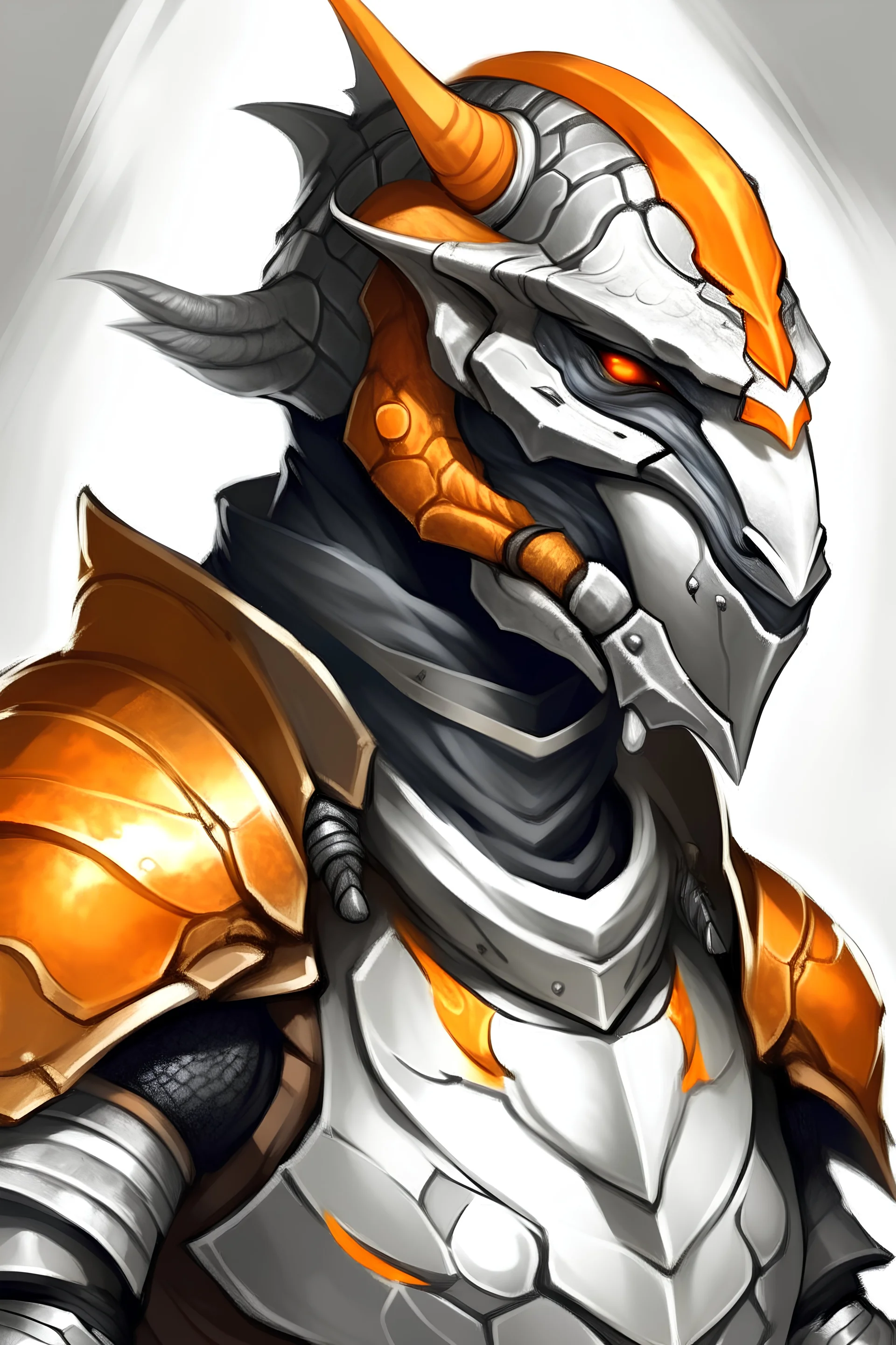 Teenage silver pale dragonborn wearing leather armor and battered helmet with transparent orange visor