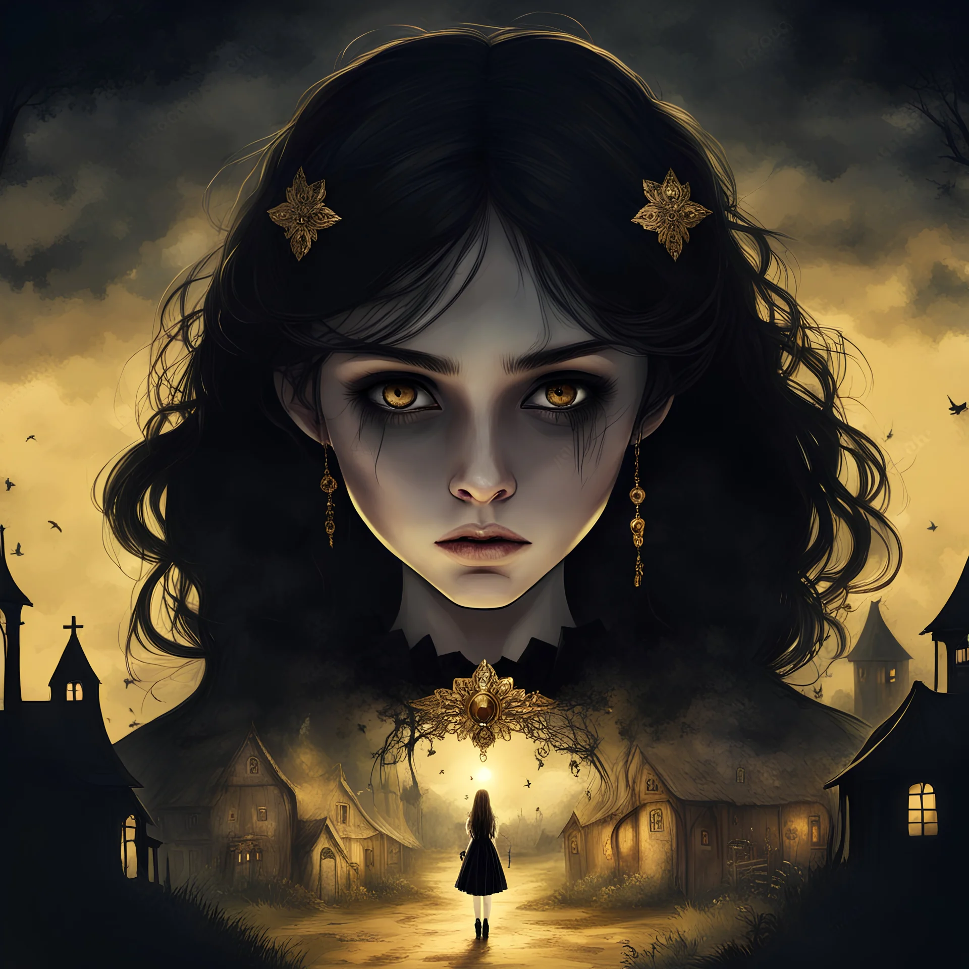 fantasy, gothic, dramatic, sad, gloomy village with a teenager girl with a golden brooch on her dress