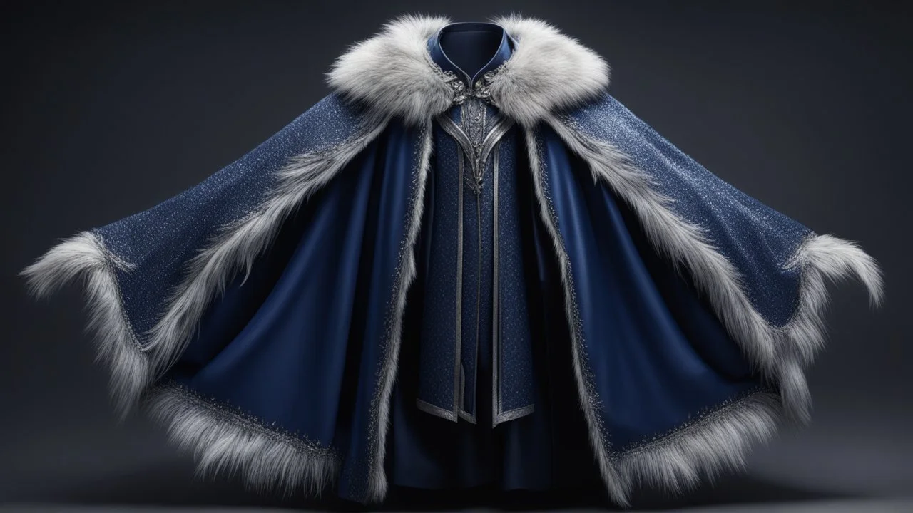 тёмно-синюю накидку, отороченную серебристым мехом, напоминающим иней