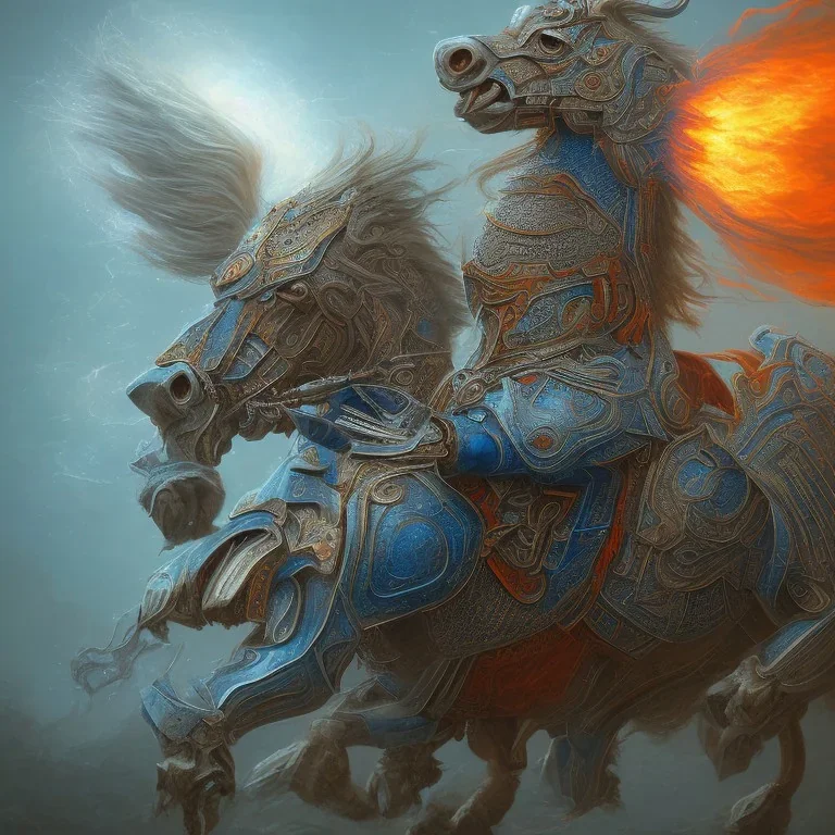 angry stallion in Blue and orange battle armor, bucking, a highly detailed illustration, background of Inka jungle, realistic render, 8 k, micro detail, intricate, elegant, centered, digital painting, Artstation, smooth, sharp focus, illustration, artgerm, tomasz alen kopera, peter mohrbacher, donato giancola, joseph christian leyendecker, wlop, boris vallejo