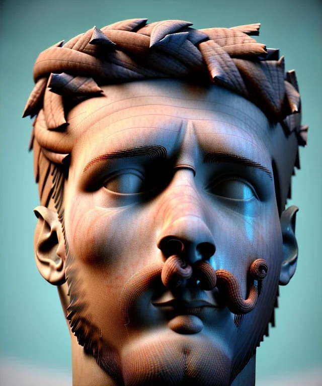 Gran angular, Realistic image, roman sculpture, royal marble material, Lionel Messi, Laurel wreath model, miguel angel style, emperador, God light, god rays, 4k resolution, ornate details, soft lighting, unreal engine 5, soft cyan background.