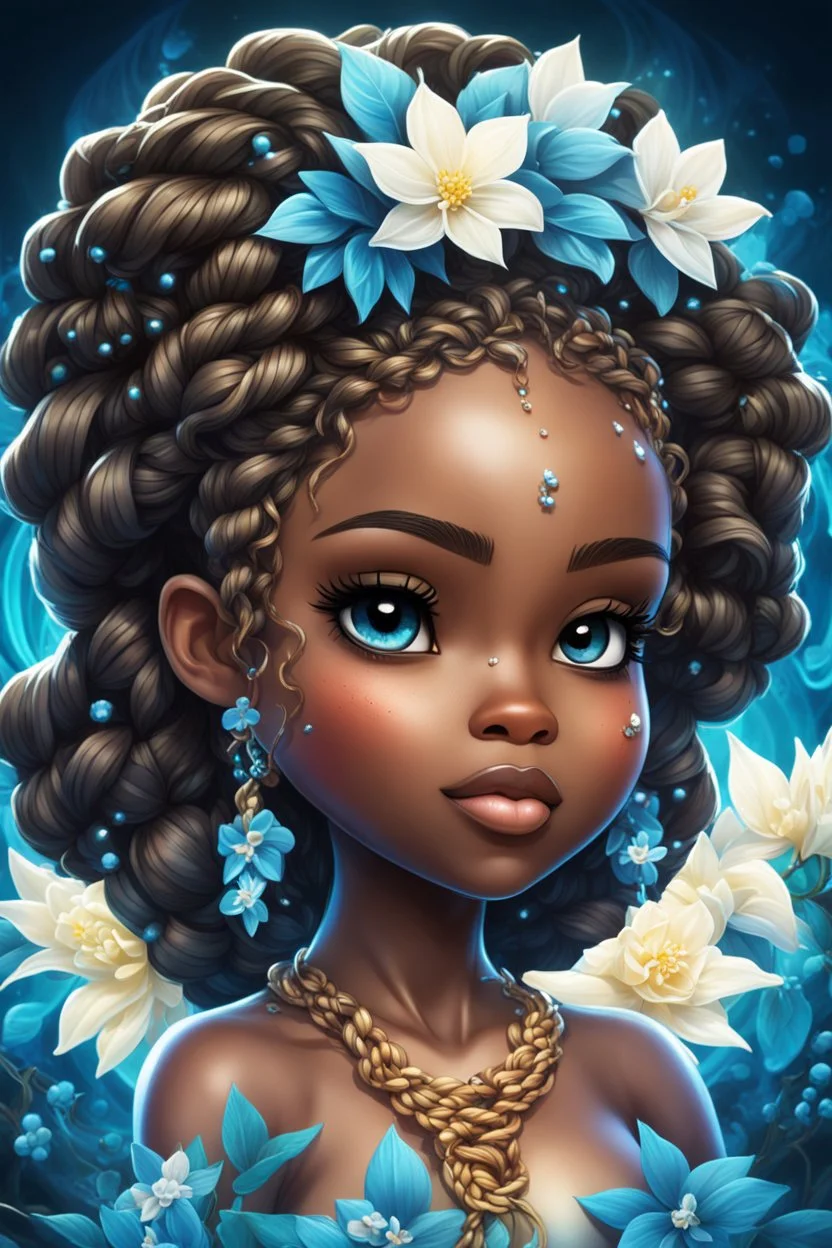 vibrant CYMATICS style art with airbrush, 4k, cartoon art image of a chibi Caribbean curvy female looking to the side with a Senegalese twists , prominent makeup with hazel eyes, highly detailed hair, background of AZURE and white jasmine flowers surrounding her , fantasy
