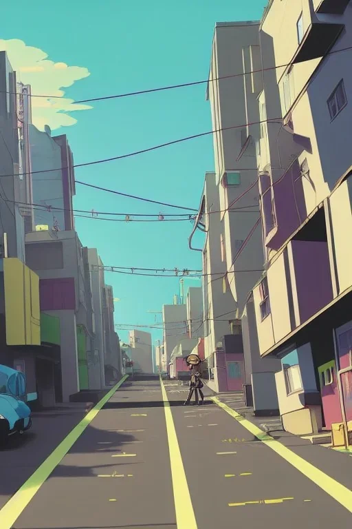 Bauhaus city street, sloped street, street scene, cel - shading, 2 0 0 1 anime, flcl, jet set radio future, golden hour, Swedish town, concentrated buildings, swedish neighborhood, electrical wires, cel - shaded, strong shadows, vivid hues, y 2 k aesthetic