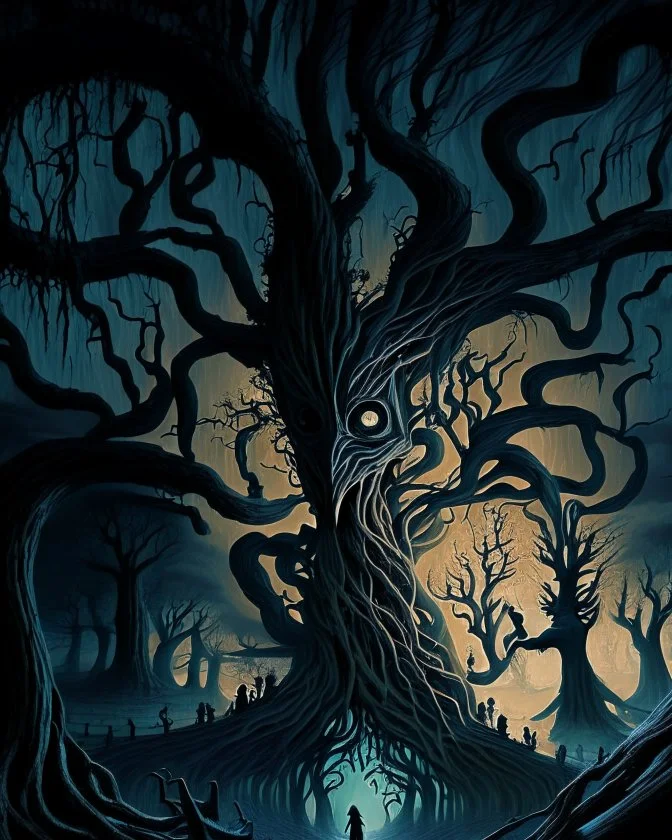 A nightmarish dreamscape with twisted trees and haunting figures.