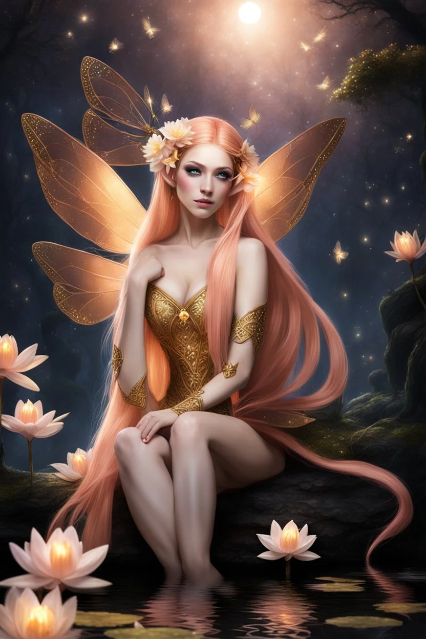 Pointed elven ears,Peach hair , light peach hair, dark,night dark gold,gold,golden,rapunzel hair,dragonflies,water lilies, night,light,,butterflies,elven ears,dark fairy ,night sky,stars,princess,nymph,sparkle,glitter,orchids