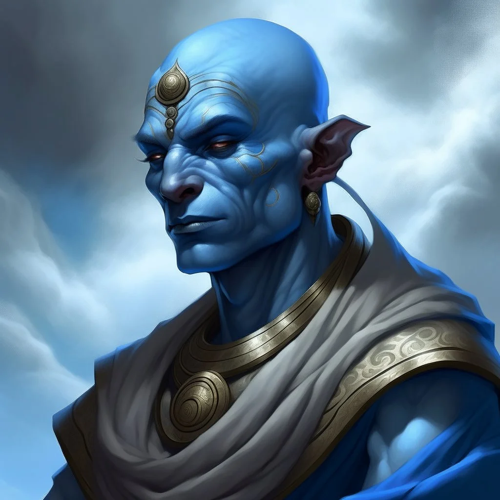 dnd, fantasy, cloud giant, portrait, face, close up, blue skin, clean shaven, bald, ascended, elegant, angular features, light arabic clothes, exotic features