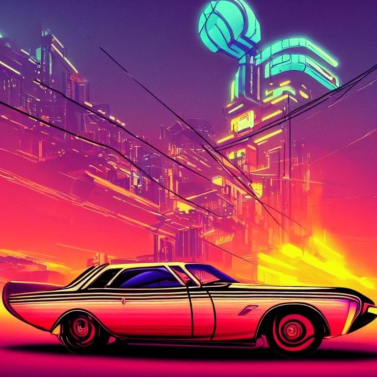 art deco, cyberpunk, neon muscle car, desert road, sunset, full colour, hd,