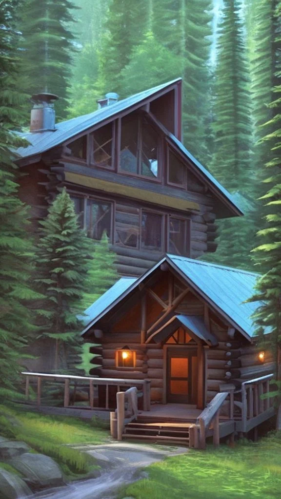 A cabin in the woods, a big brown bear, a movie scene, a more accurate picture