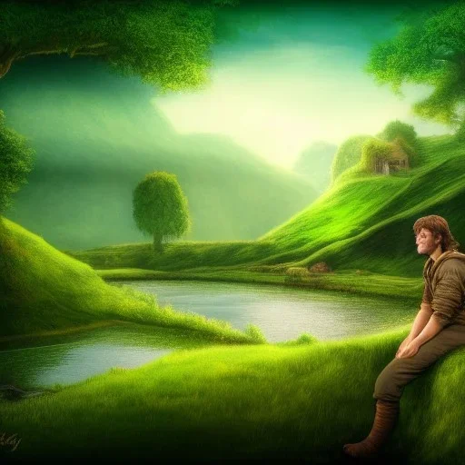 Landscape, the shire, fantasy, green, Brown, warm, a man sitten by the river