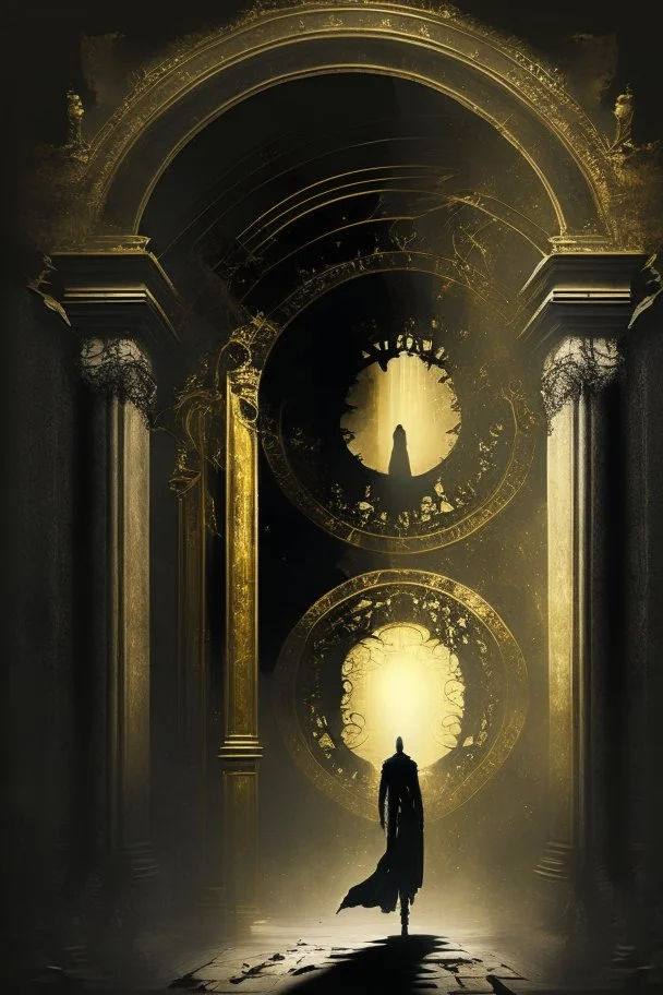 A person, a palace, a time gate, a ghost, dark black and golden colour