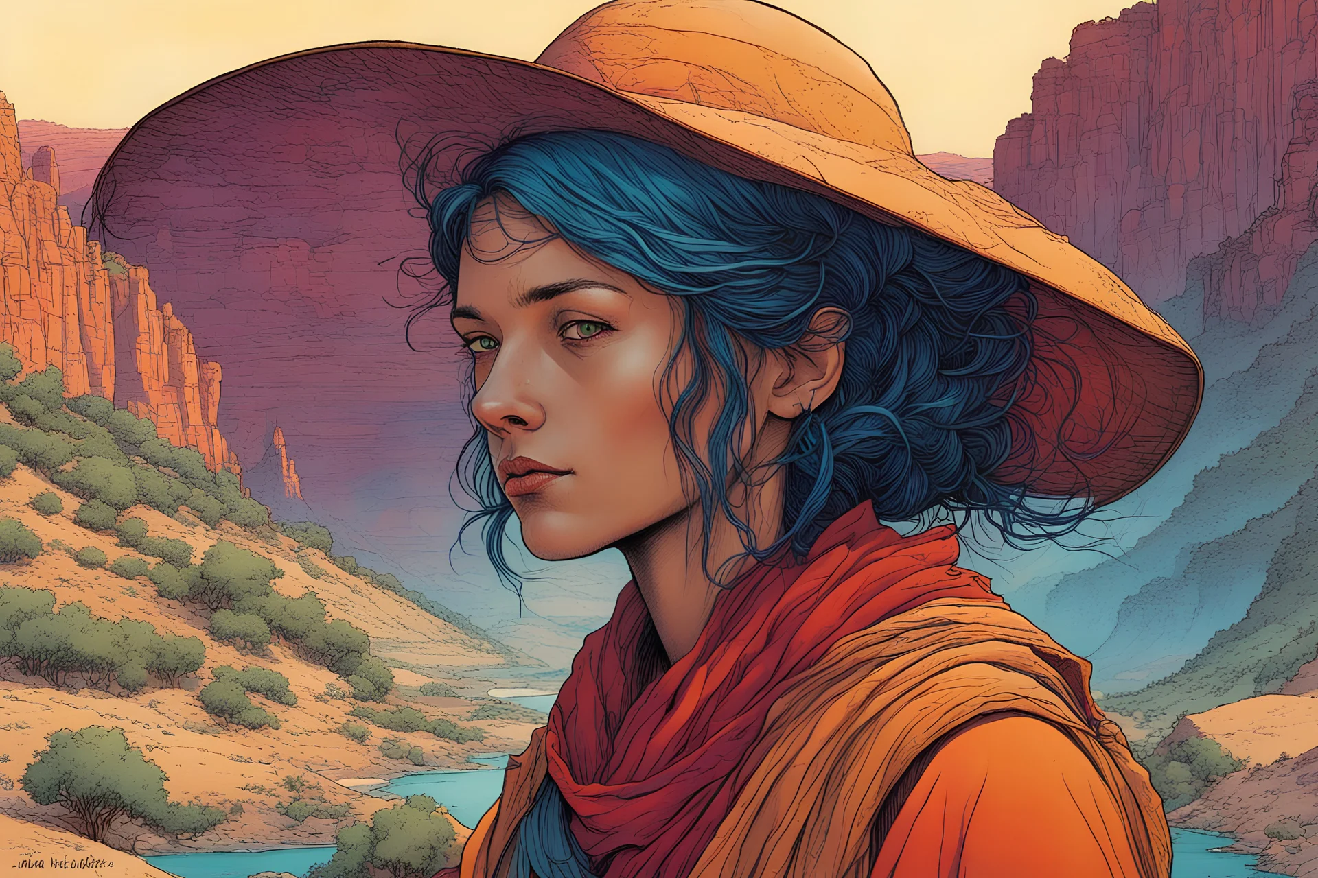 create an portrait of a nomadic shepherdess with highly detailed, delicate feminine facial features, inhabiting an ethereal tropical canyon land in the comic book style of Jean Giraud Moebius, David Hoskins, and Enki Bilal, precisely drawn, boldly inked, with vibrant colors