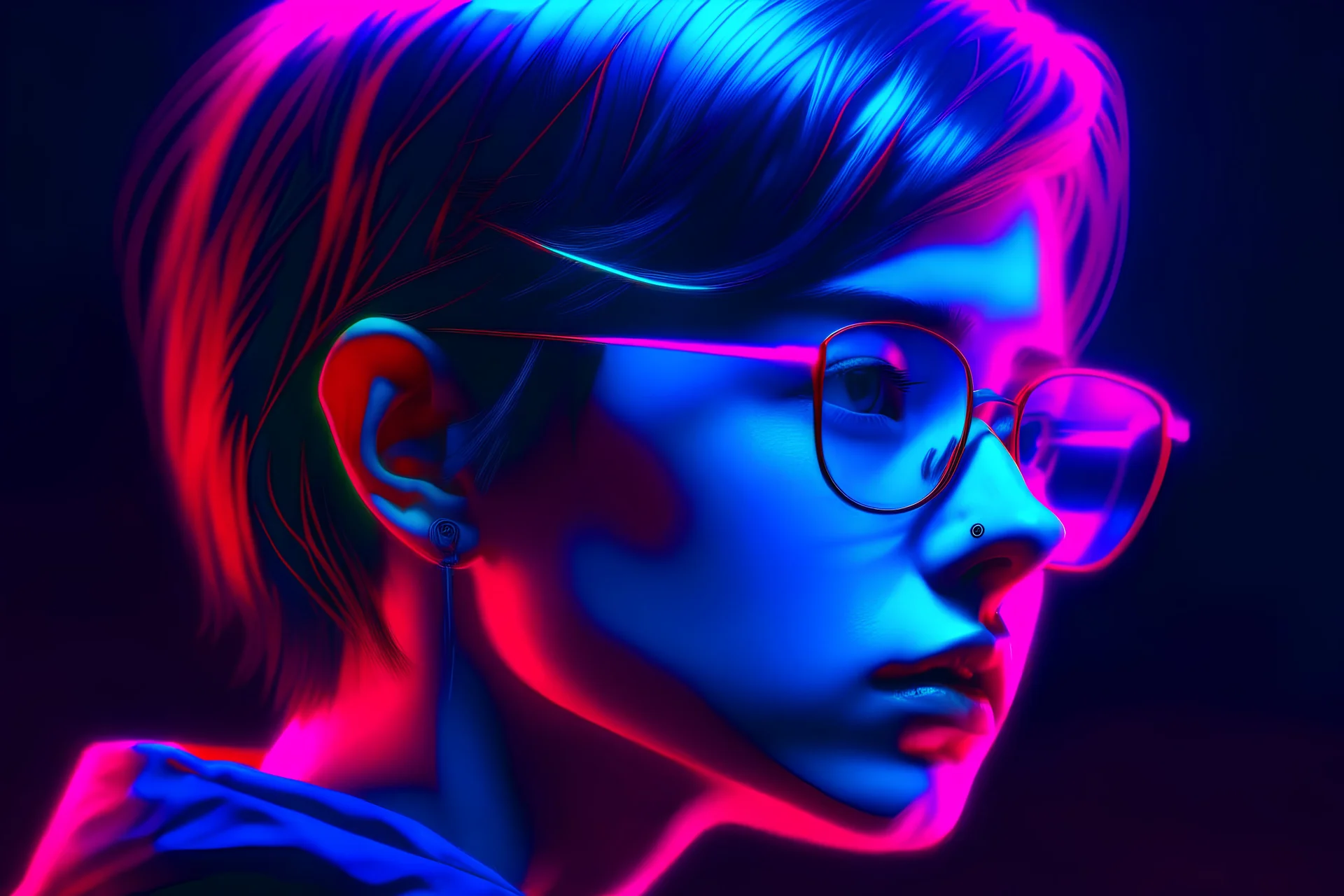 A stunning close-up portrait of a young woman in a synthwave-inspired style. Her side view showcases her detailed features and short, styled hair. She wears transparent heart-shaped gradient tinted glasses, and her intense gaze is directed straight at the viewer. The image features a cloned effect, with a glitch effect creating a vibrant, colorful neon palette. The overall aesthetic is edgy and fashionable, reminiscent of a cinematic poster. This captivating artwork is signed by the artist, Supe