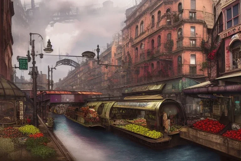 Corner Elevated Train run raid Train Canal River and corner shop greengrocer in colorful Italian street+Gothic city+BioShock+Dishonored+Bloodborne +trieste+Edinburgh+Chicago+victorian London+decòpunk Skyscraper+ +steampunk+biopunk+alphonse mucha, greg rutkowski,matte painting, cryengine, hyper detailed, felix kelly, fantasy art, seb mckinnon