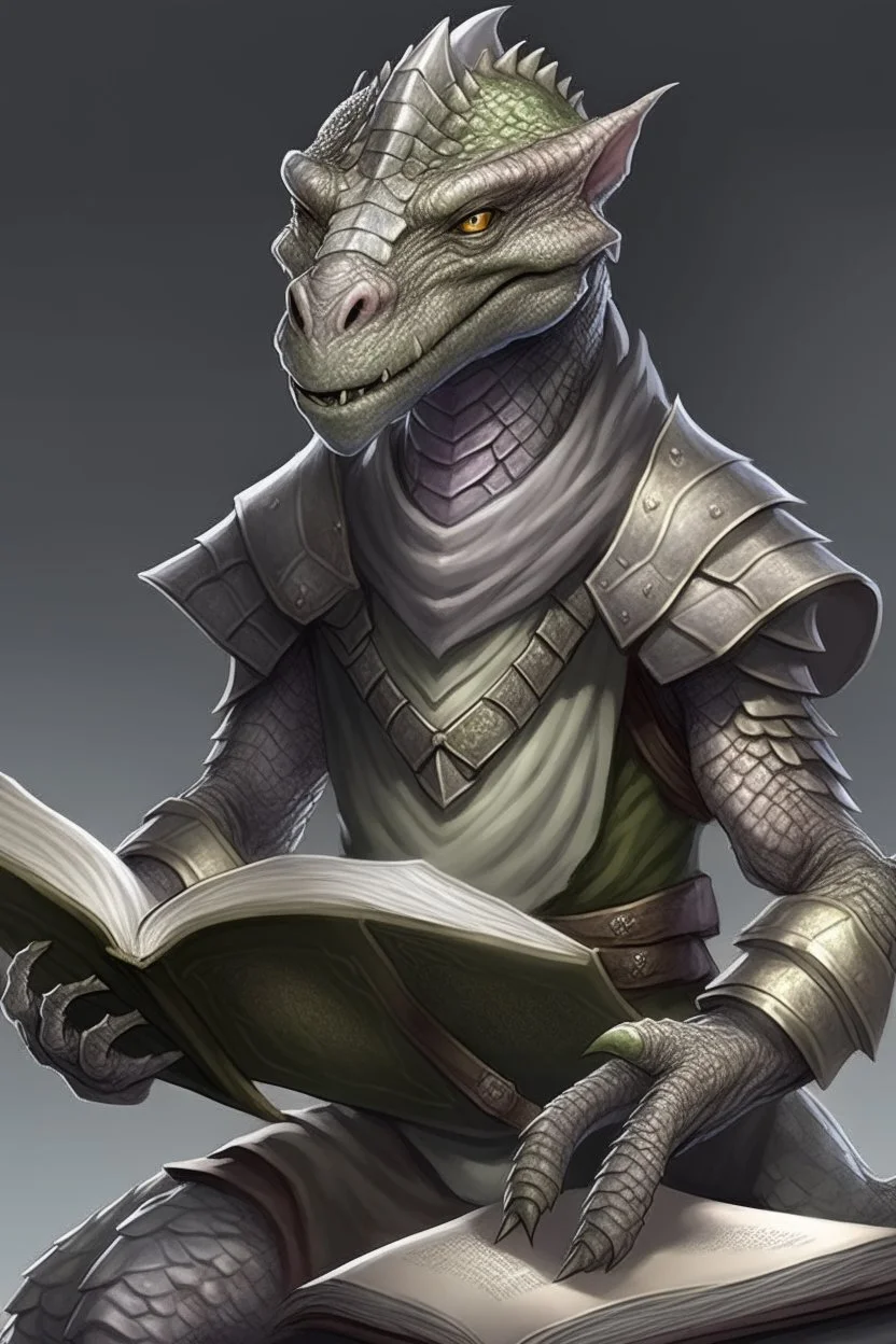 reptilian humanoid, kobold, grey diamond - shaped scales, big magic book