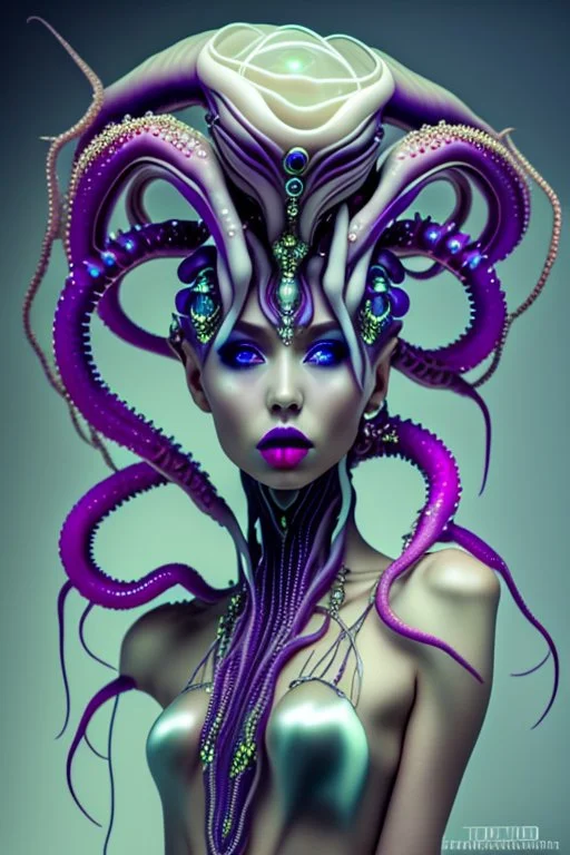 gorgeous female humanoid alien full body model, tentacles, orichalcum jewelry and piercings, beautiful face, shining eyes, flawless skin, transparent dress