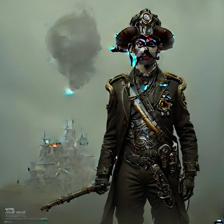 steam punk officer with human face, powerful, dramatic, creepy, matter, majestic, flow, illustration, concept art, by Greg Rutkowski, Sung Choi, Mitchell Mohrhauser, Maciej Kuciara, Johnson Ting