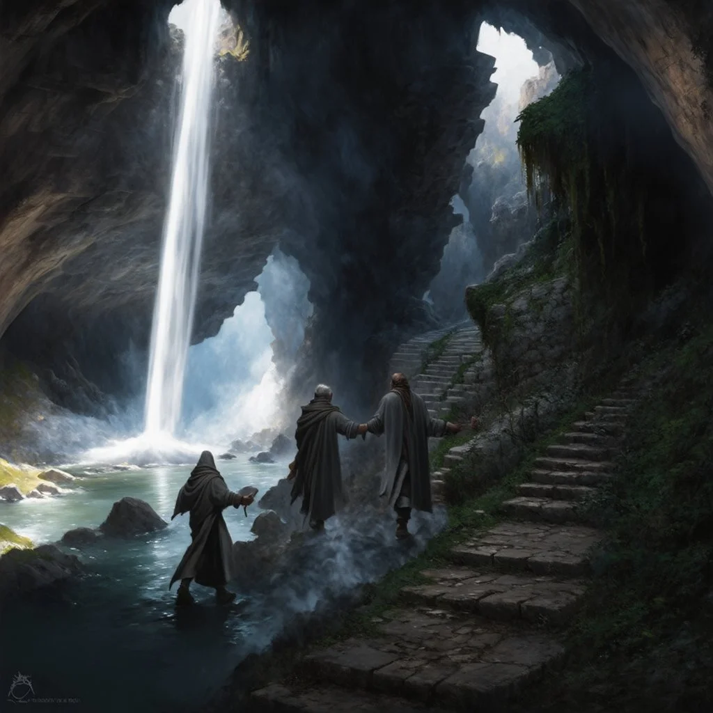 Epic fantasy digital painting of two robed figures, reminiscent of Dante and Virgil in the style of a Gustave Doré engraving, journeying on a perilous stone path carved into the wall of a vast, subterranean underworld. A majestic, luminous waterfall cascades from a sunlit hole in the cavern ceiling, its spray catching the divine light. The rest of the cavern is lost in deep, moody shadows, creating intense chiaroscuro. Moss-covered rocks glisten on the far side of a dark, still river.