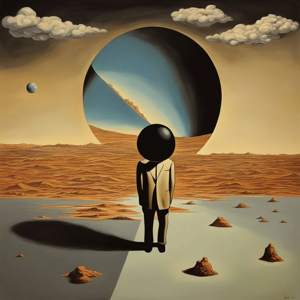 person alone in planet,cover art, surrealist painting called 'today I am thinking about time by dali and picasso and magritte and Breughel