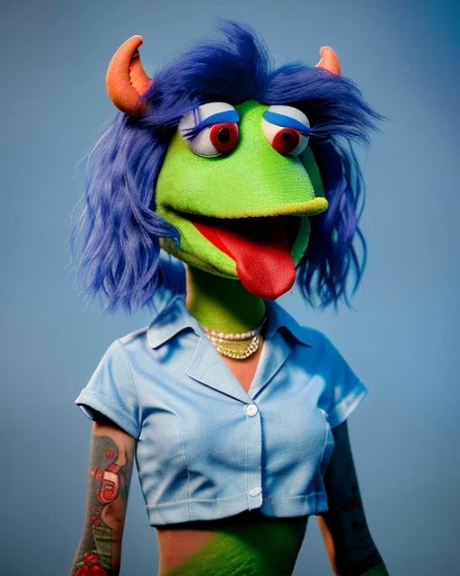 hybrid character, waitress sexy woman with monster muppet mask that covers her entire head, red and blue, short shirt, tray, old school tattoo, retro style, Sesame Street style, hot, smooth, unreal engine 5, god lights, ray tracing, RTX, lumen lighting, ultra detail, volumetric lighting, 3d.