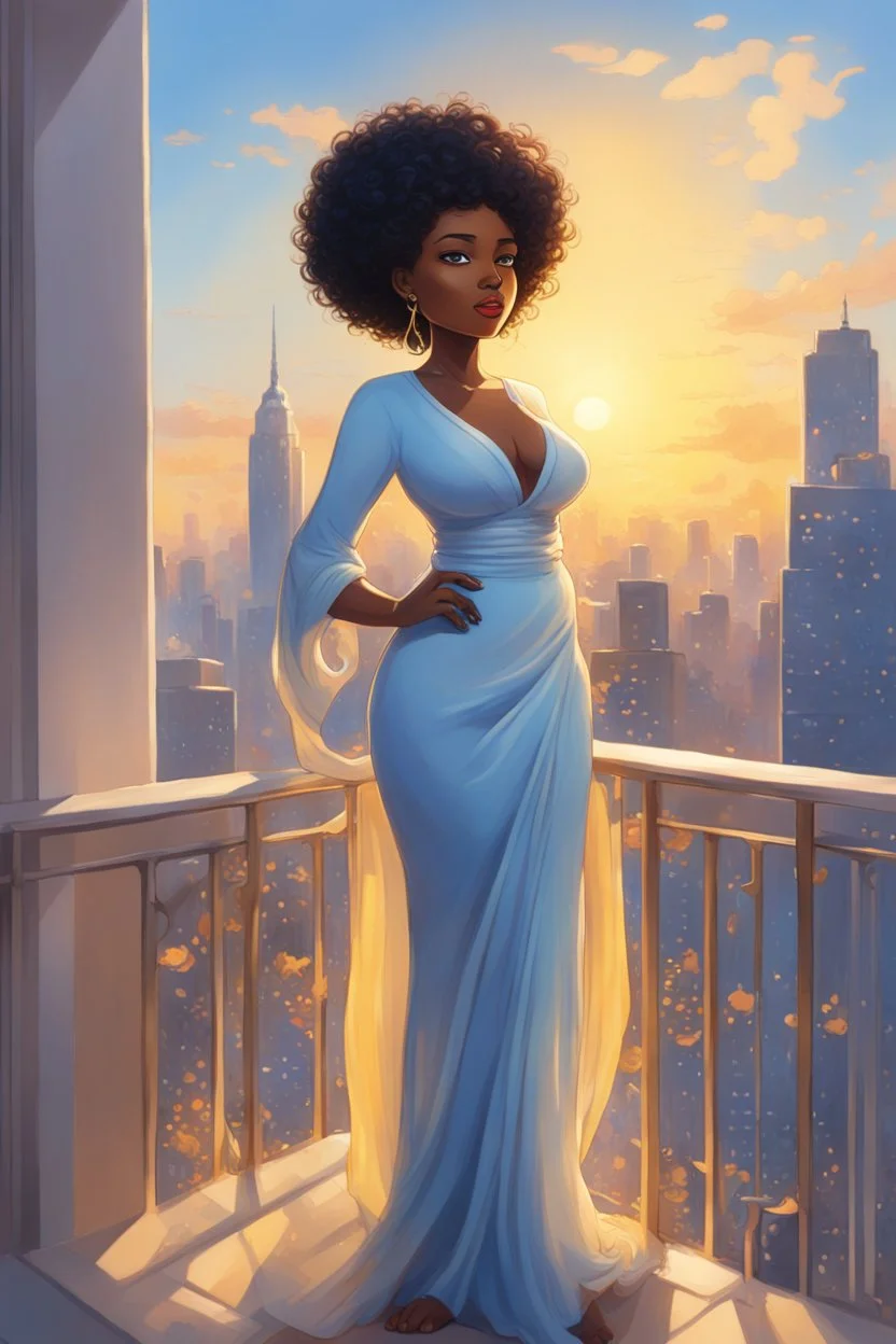 The scene opens onto a serene balcony overlooking a bustling city skyline. The sky above is painted in soft hues of blue and yellow as the sun begins its descent, casting a warm glow over everything it touches. In the foreground stands a captivating figure, airbrush chibi cartoon curvy black woman exuding confidence and elegance. She is adorned in a flowing white knit maxi dress that hugs her curves in all the right places, accentuating her silhouette. Her choice of footwear is equally stunning